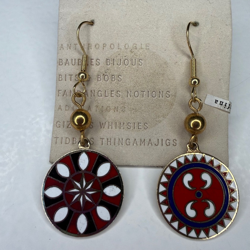 Anthropologie Serafina Mismatched Enamel Drop Earrings Gold Tone Boho Geometric